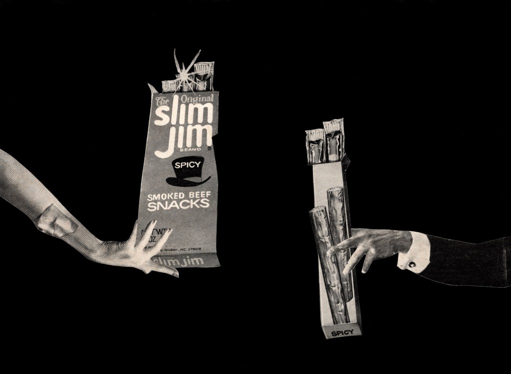 Two hands reaching for a package of Slim Jim spicy smoked beef snacks against a black background.